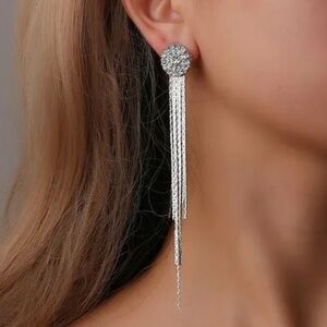 3/$30 RHINESTONE LONG TASSEL EARRINGS SILVER TONE DROP DANGLE PARTY NEW YEAR